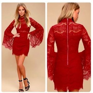 Holiday Bewitching Babe Wine Red Mini Dress Sheer Cut Outs Lace Bell Sleeve NYE
